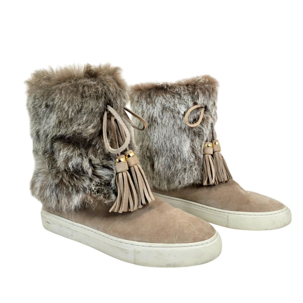 Tory Burch Angelica Tassel Suede Leather Rabbit Fur Slip On Boots US 9M